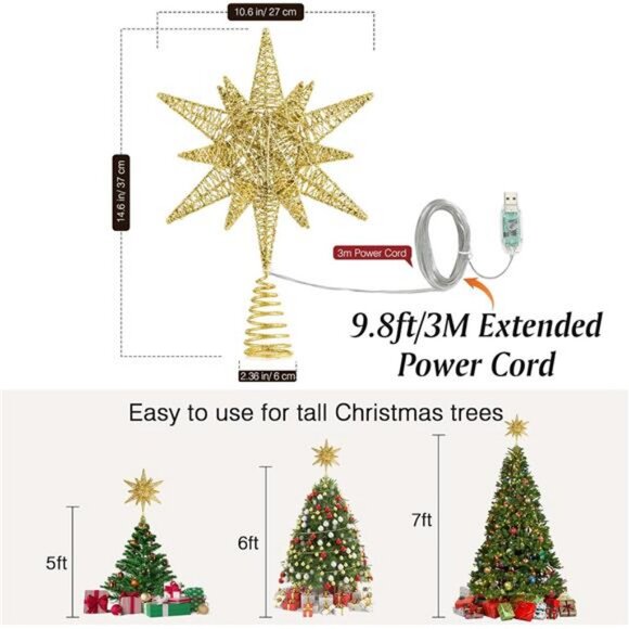 Christmas Star Tree Topper, USB Powered Remote Controlled 11 Inch Hexagonal - Picture 5 of 7